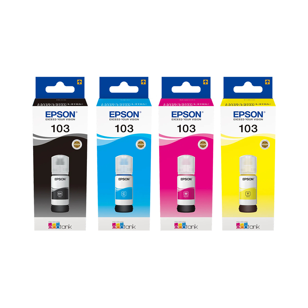 Epson-103-Ecotank-Ink-Bottles-Black-Cyan-Magenta-Yellow Epson 103 Ecotank Ink Bottles – Black, Cyan, Magenta, Yellow - Image 1