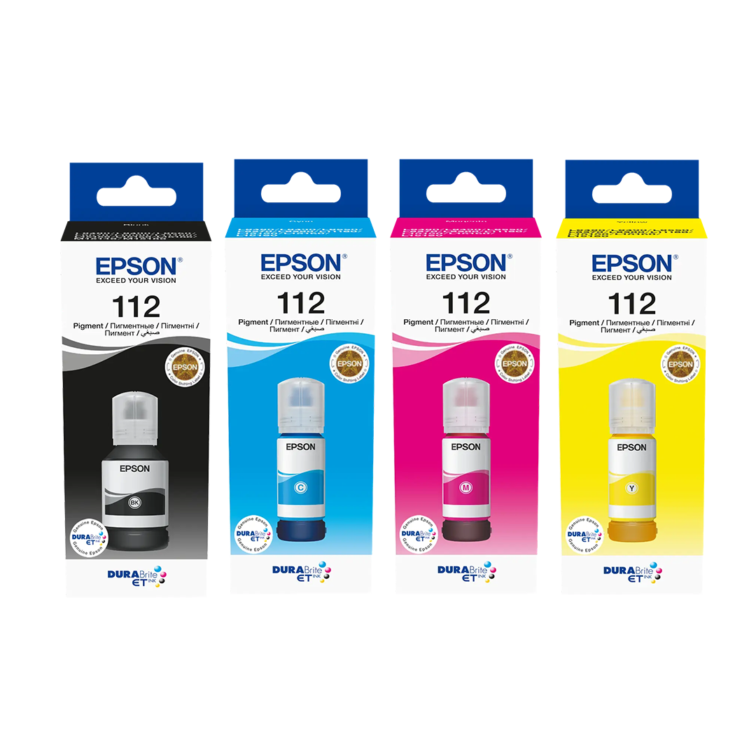Epson-112-Ecotank-Ink-Bottles-Black-Cyan-Magenta-Yellow Epson 112 Ecotank Ink Bottles – Black, Cyan, Magenta, Yellow - Image 1