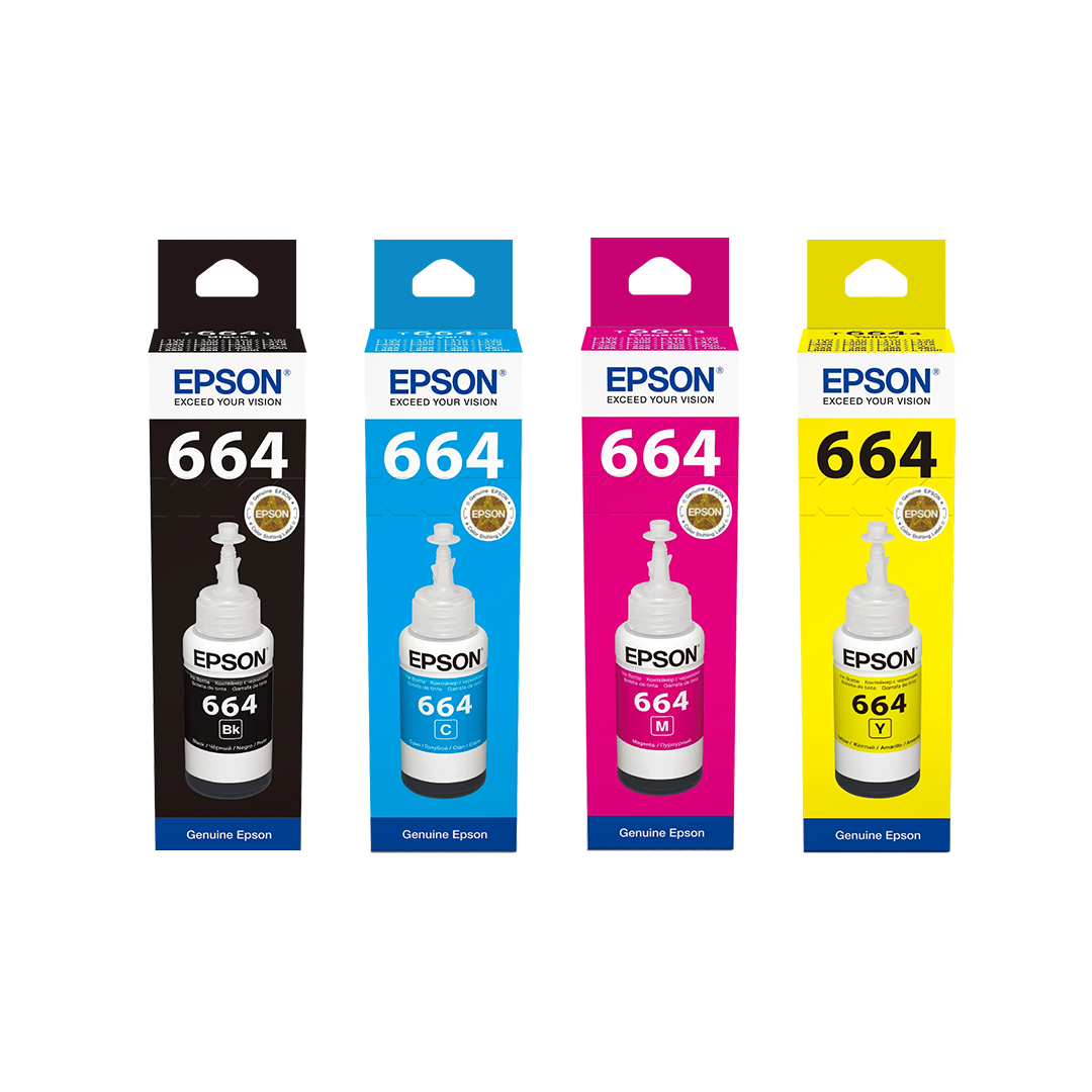 Epson-664-Ecotank-Ink-Bottles-Black-Cyan-Magenta-Yellow Epson 664 Ecotank Ink Bottles – Black, Cyan, Magenta, Yellow - Image 1